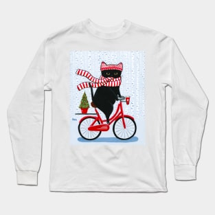 Black Cat Christmas Bicycle Ride Long Sleeve T-Shirt